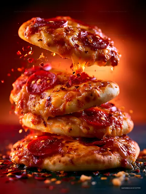Cheesy Pepperoni Pizza Stack in Dramatic Warm Light