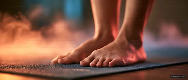 Bare feet grounded on a yoga mat under warm colored light