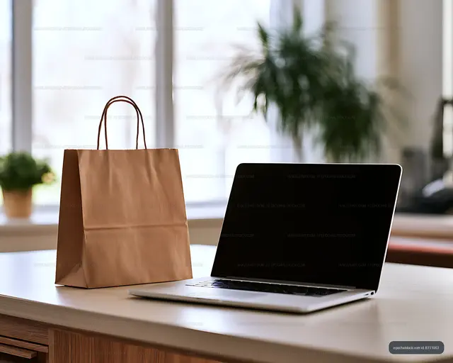 Brown shopping bag and open laptop on desk