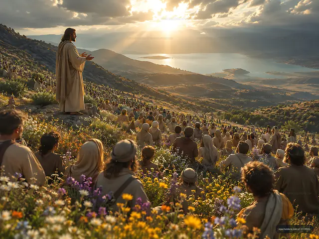 Jesus speaks to a crowd during sunset near a lake