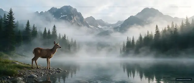 Wild deer beside a foggy alpine mountain lake