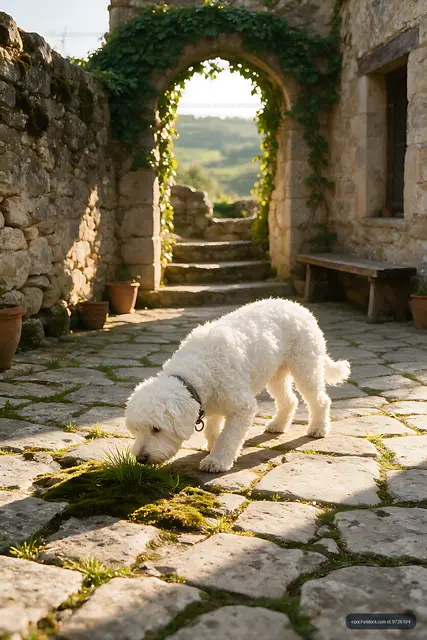 Curly white dog sniffing grass on stone paving