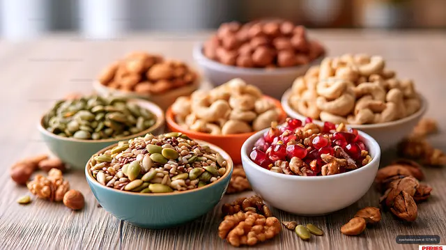 Colorful bowls of nuts, seeds, and dried fruit