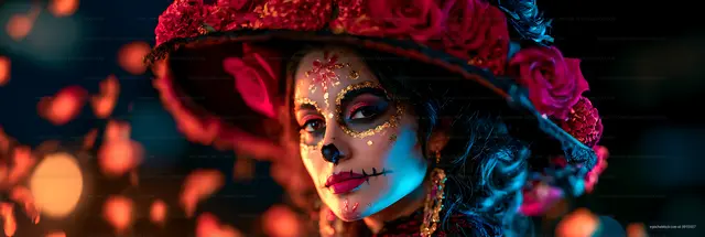 Colorful woman portrait with flower hat and skull-inspired makeup