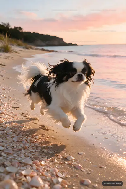 Rare-looking black and white dog running on a shell beach