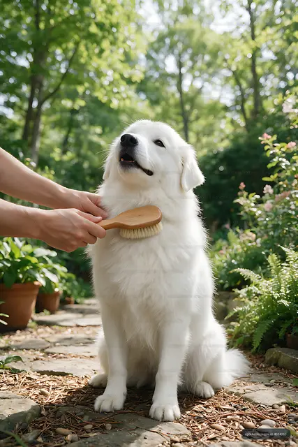 Fluffy white dog groomed in a sunlit garden