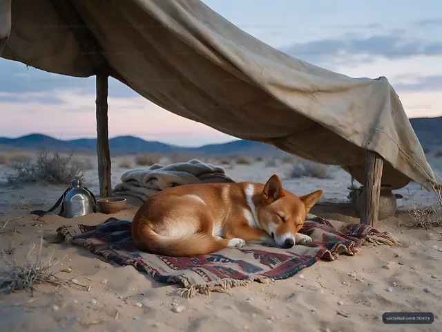 Brown and white puppy asleep on a rug in the desert