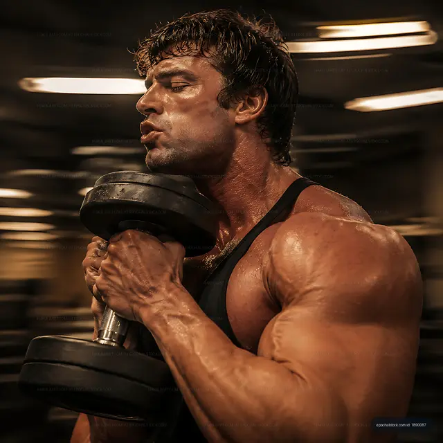 Man lifting dumbbell during workout in gym environment