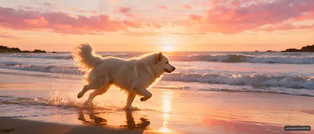 Fluffy white dog leaping through surf on a sunset beach