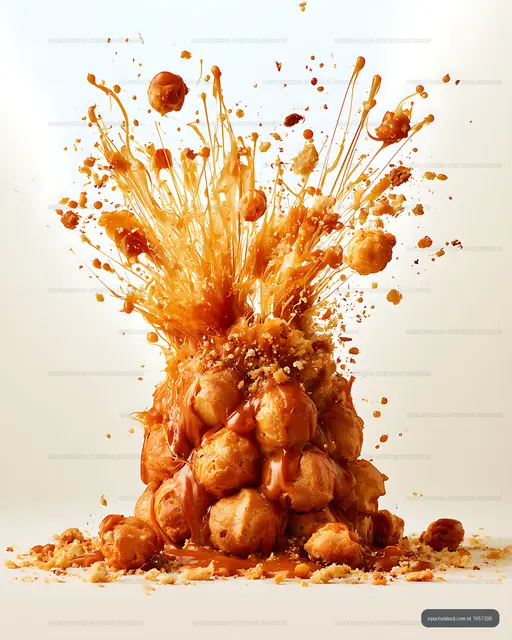 Golden cream puffs covered in caramel sauce and splashes
