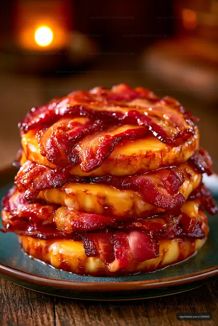 Close-up stacked burger with bacon and cheese