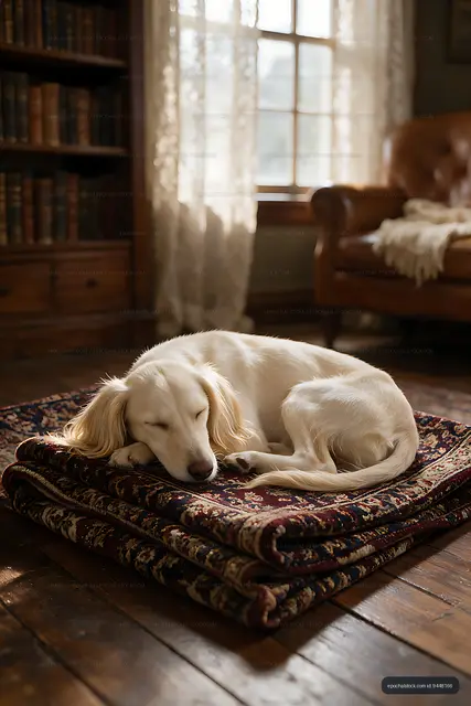 Peaceful sleeping puppy resting on a patterned cushion indoors