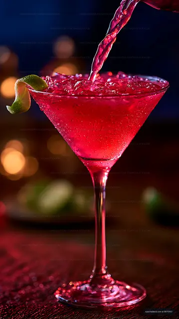 Red lime-garnished cocktail with liquid pouring into glass