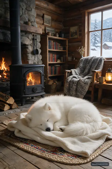 White puppy asleep beside a glowing stove