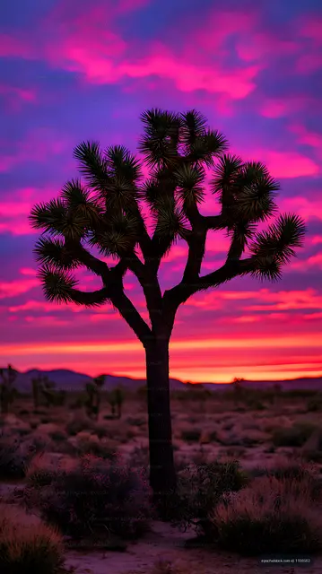 Silhouetted Joshua tree against pink and purple twilight clouds