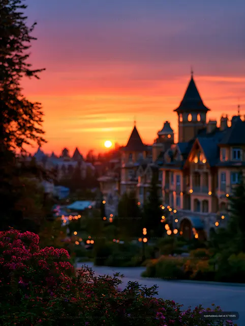 Soft-focus village rooftops under a vibrant sunset