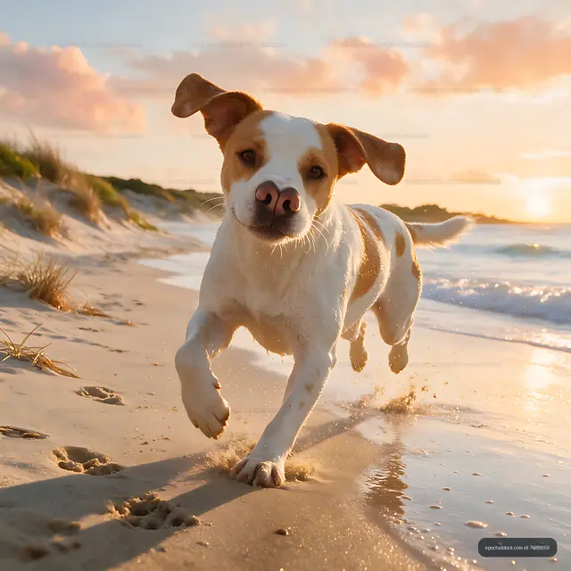 Dog Sprinting Along the Shore at Golden Hour