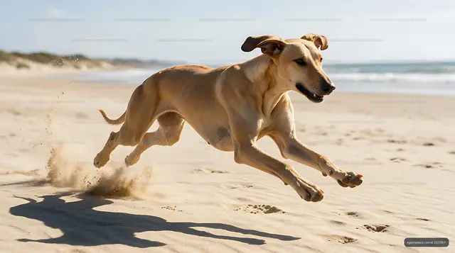 Dog in motion along a sunny ocean beach
