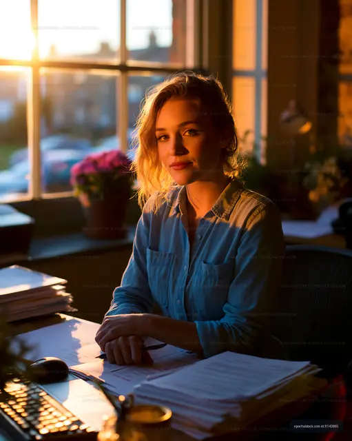 Woman sitting at desk during sunset in an office