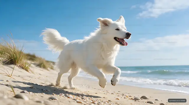 White dog sprinting across a sunlit beach
