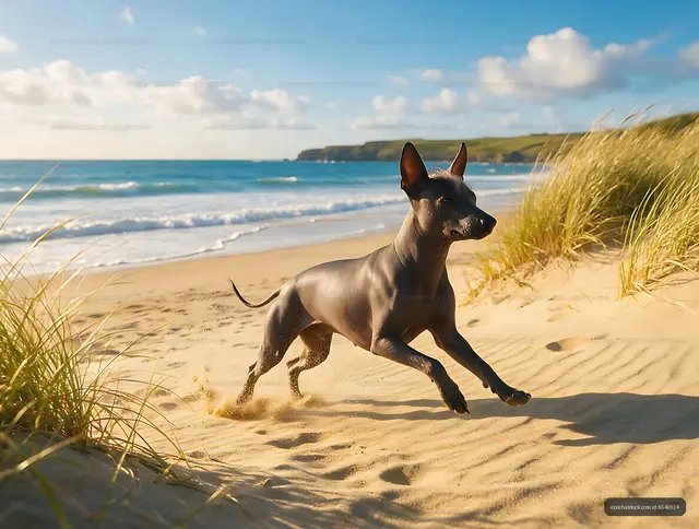 Distinctive hairless dog running beside ocean waves