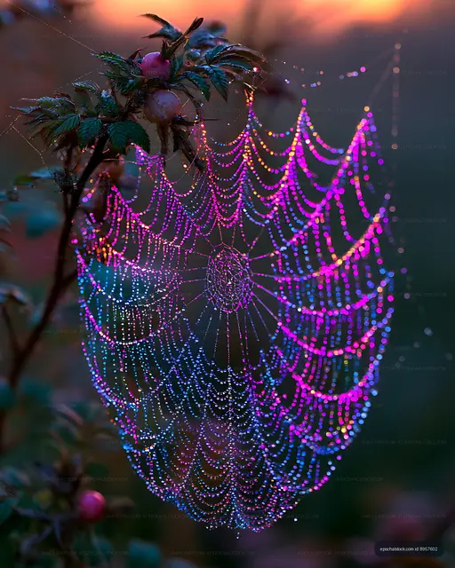 Colorful illuminated spider web with dew drops