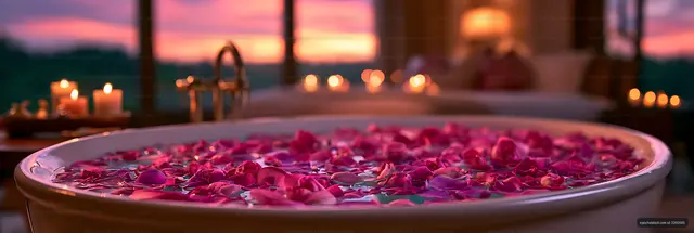 Romantic rose petal bath overlooking a sunset