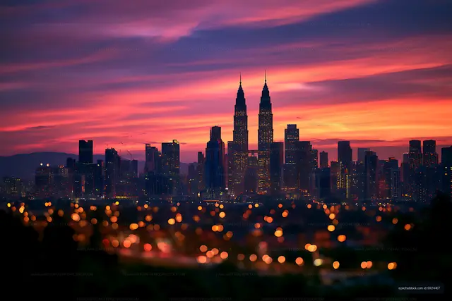 Twin tower city skyline glowing at sunset