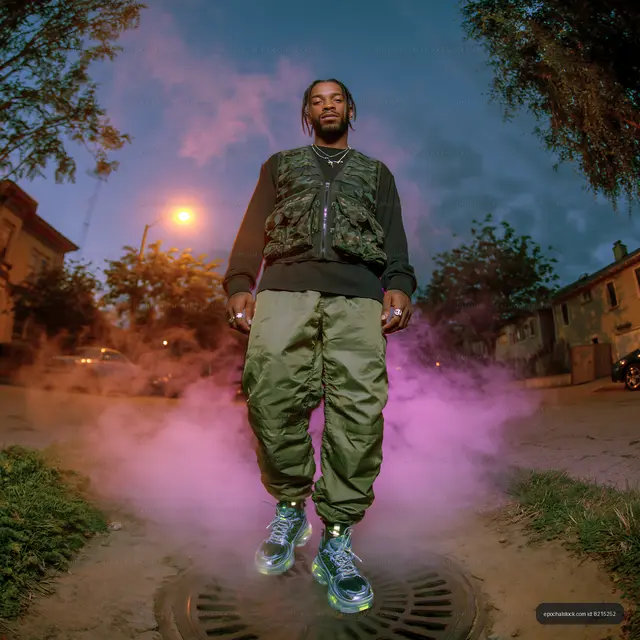 Man in streetwear posing amid colorful smoke at dusk