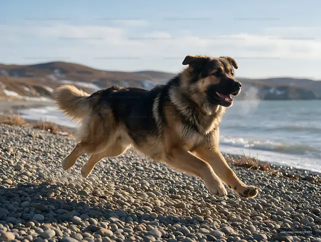 Dog running beside the sea on a rocky shore