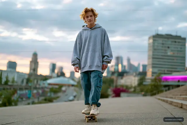 Skateboarder posing on an urban walkway at dusk