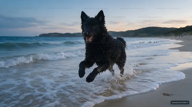 Black dog bounding through shallow surf at sunset