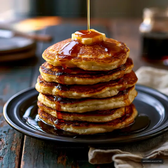Tall breakfast pancake stack with maple syrup