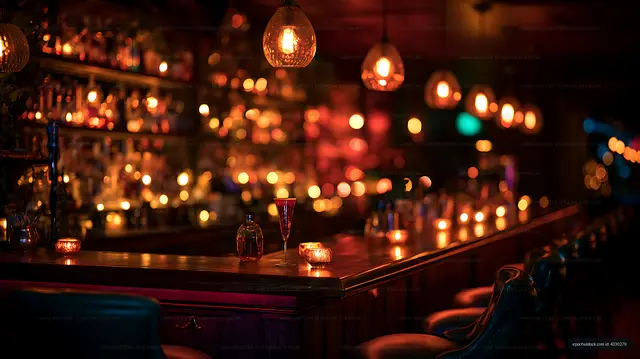 Elegant bar interior with pendant lamps and cocktail