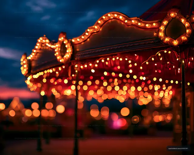 Carousel lights glowing against a blue evening sky