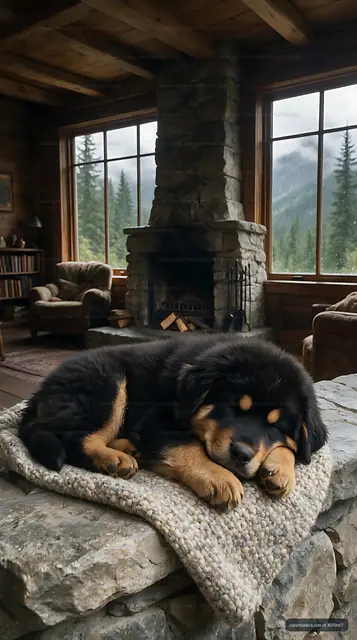 Puppy asleep beside a stone fireplace in a mountain cabin