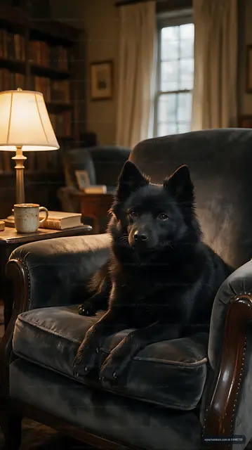 Black dog seated on leather chair in cozy home interior
