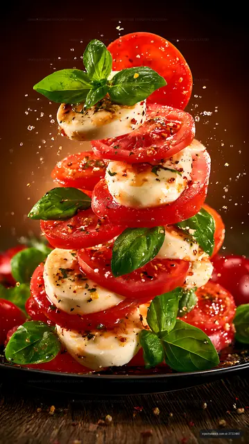 Dramatic caprese salad stack on a dark plate
