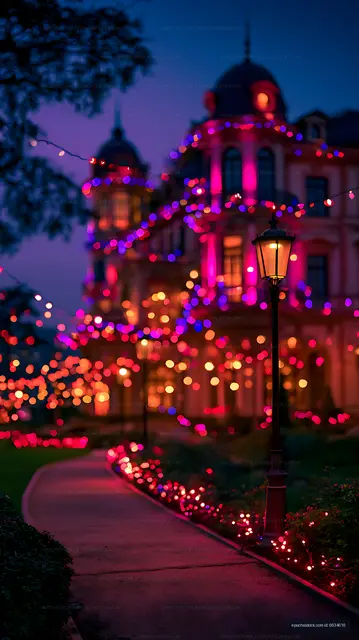 Festive string lights glowing around a building at twilight