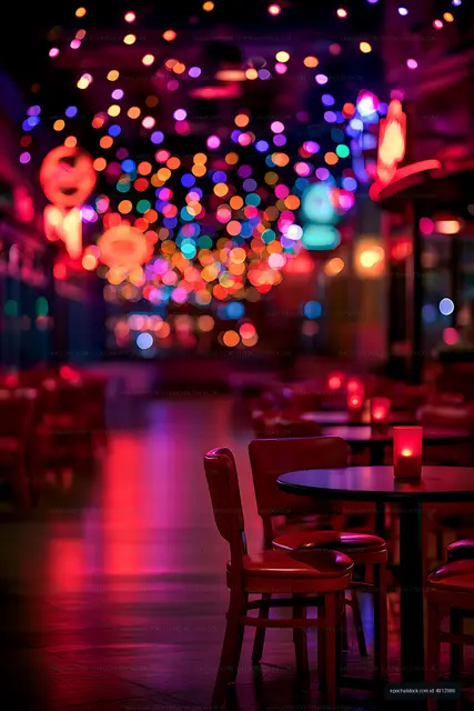 Moody neon lounge interior with glowing candle