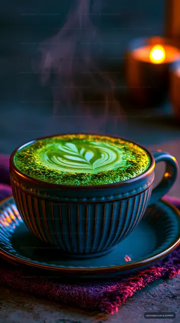 Green matcha drink with heart latte art and rising steam