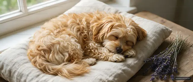 Fluffy puppy asleep on a cushion with lavender