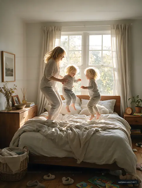 Family jumping together on a bed in a bright bedroom