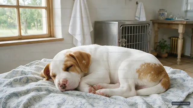 Puppy curled up asleep on a soft patterned blanket