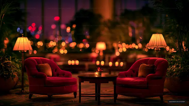 Warmly lit interior seating area with red chairs and lamps