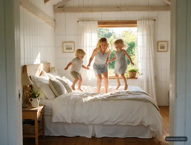 Family jumping together on a bed at home
