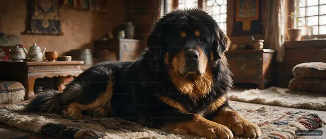 Long-haired dog resting on a patterned rug indoors