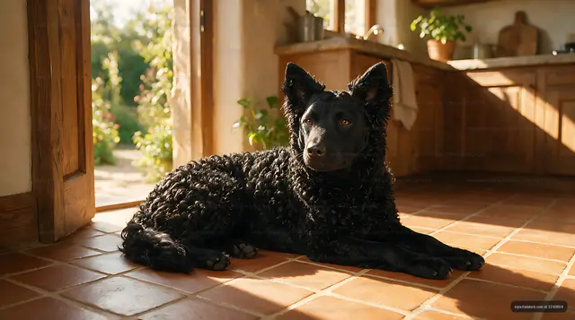 Black curly-coated dog resting indoors in warm sunlight
