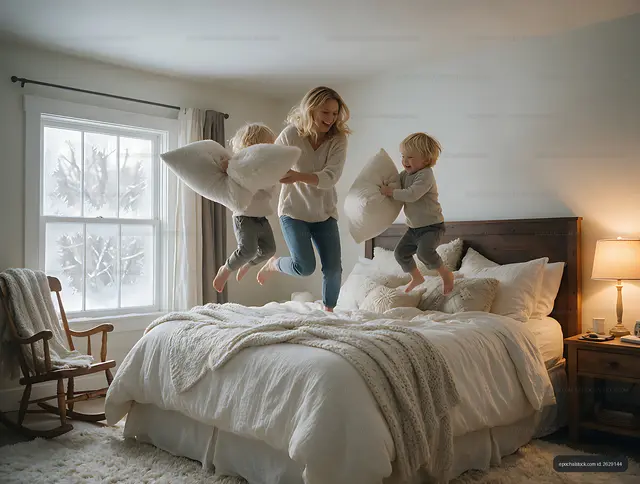 Family jumping together on a bed in a bright bedroom