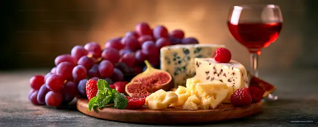 Rustic cheese board with fresh fruit and red wine